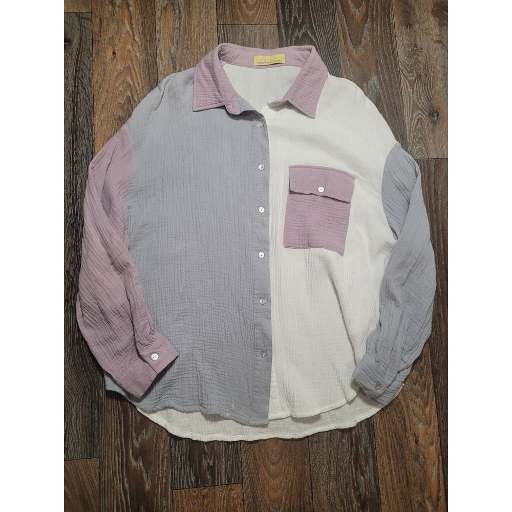 How Very Loved Womens Colorblock Cotton Gauze Button Down Shirt Purple Grey L